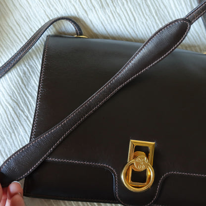 Vintage Hermès 1978 Dark Brown Emblem Ring Box Calf Shoulder Flap Bag