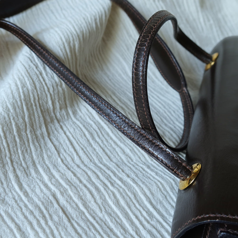 Vintage Hermès 1978 Dark Brown Emblem Ring Box Calf Shoulder Flap Bag