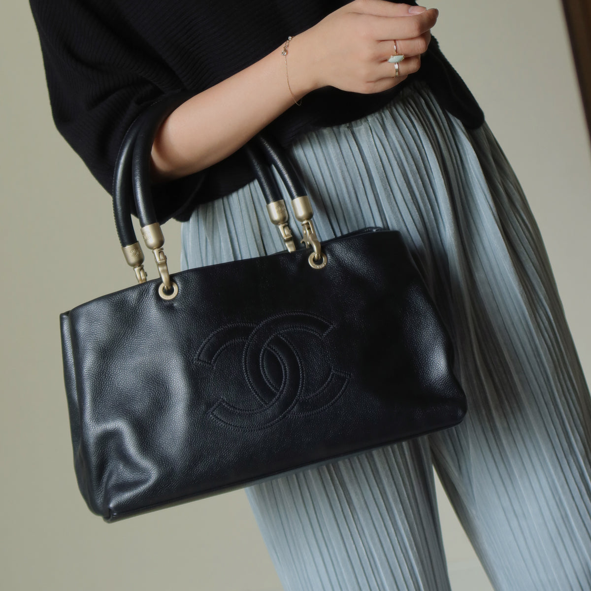 Rare Chanel Vintage Black Caviar Stitched Coco mark East West Shoulder Bag