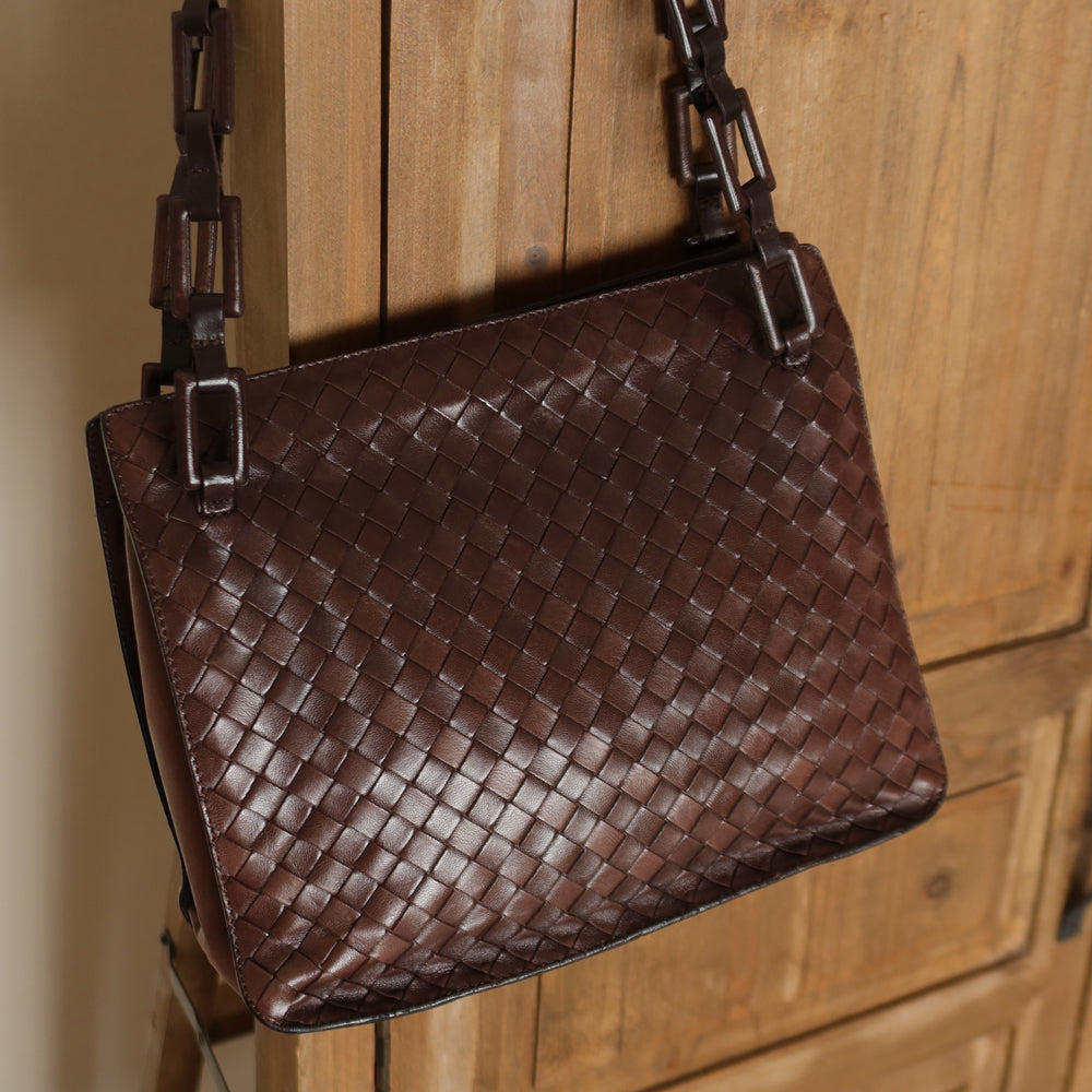 Bottega Veneta Vintage Dark Brown Intrecciato Weave Shoulder Bag