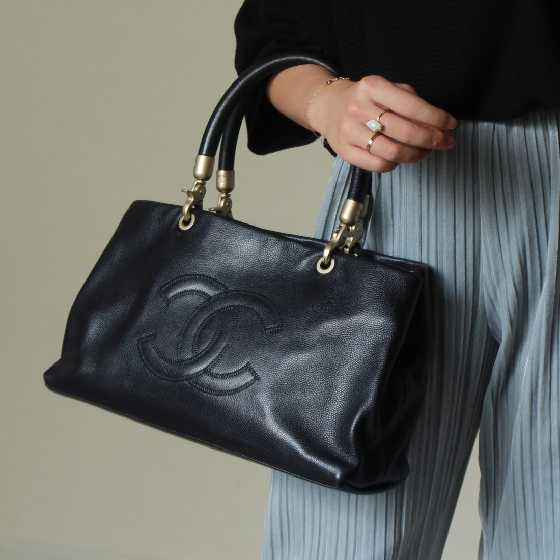 Rare Chanel Vintage Black Caviar Stitched Coco mark East West Shoulder Bag