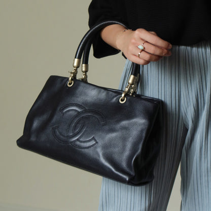 Rare Chanel Vintage Black Caviar Stitched Coco mark East West Shoulder Bag