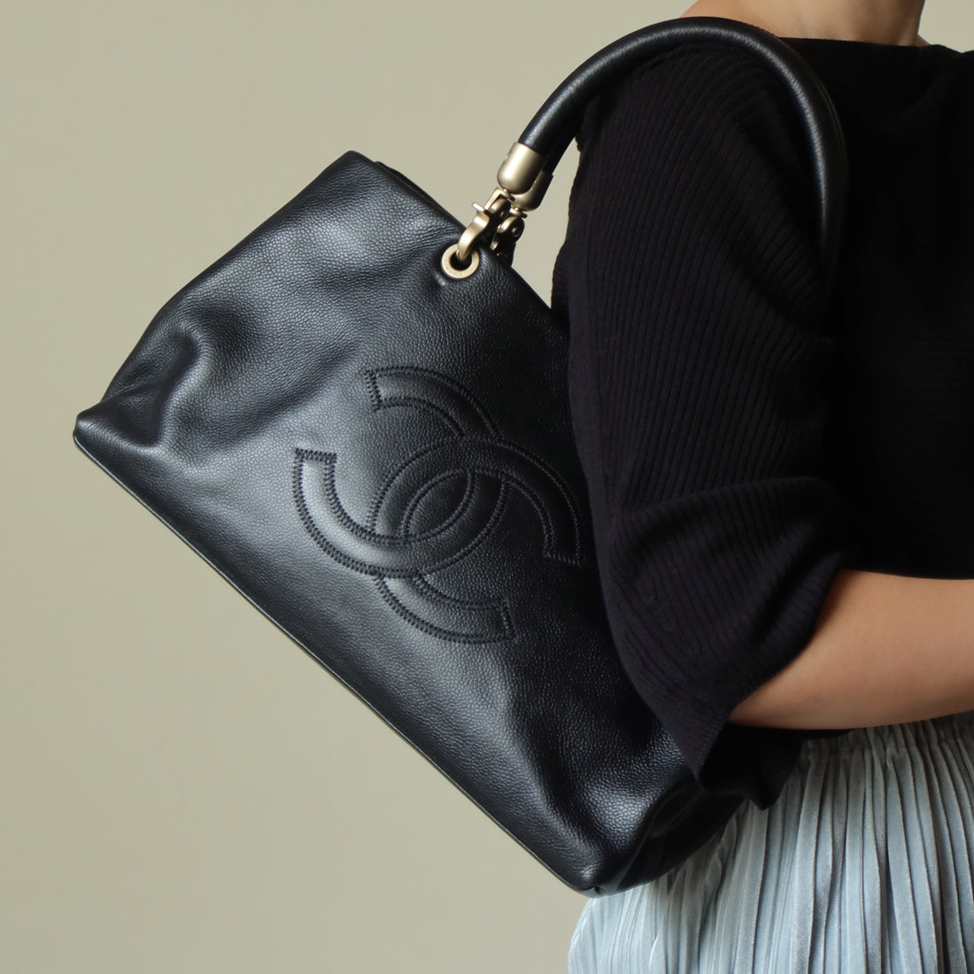 Chanel Vintage Black Stitched Coco mark East West Shoulder Tote