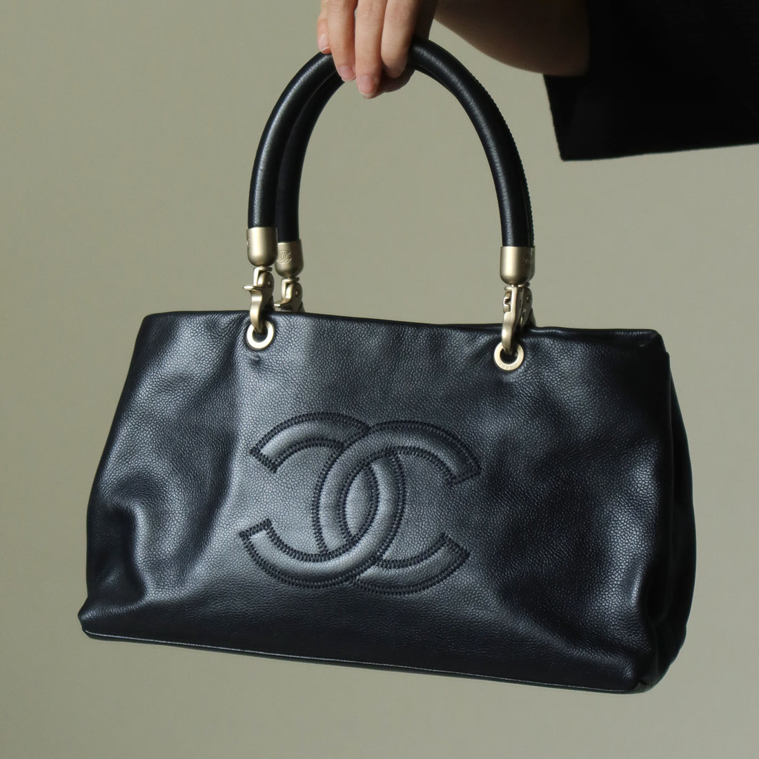 Rare Chanel Vintage Black Caviar Stitched Coco mark East West Shoulder Bag