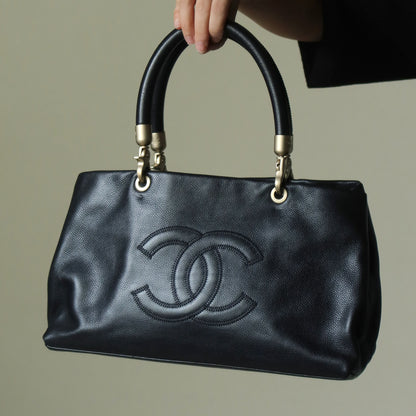 Rare Chanel Vintage Black Caviar Stitched Coco mark East West Shoulder Bag