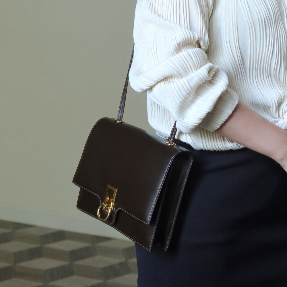 Vintage Hermès 1978 Dark Brown Emblem Ring Box Calf Shoulder Flap Bag