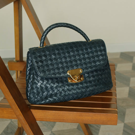 Bottega Veneta Vintage Blue Intrecciato Weave Turn Lock Top Handle Bag