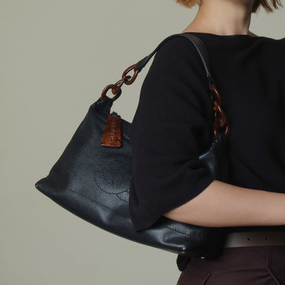Chanel Vintage Black Caviar Leather CC mark Wood chain-link Charm Shoulder Bag