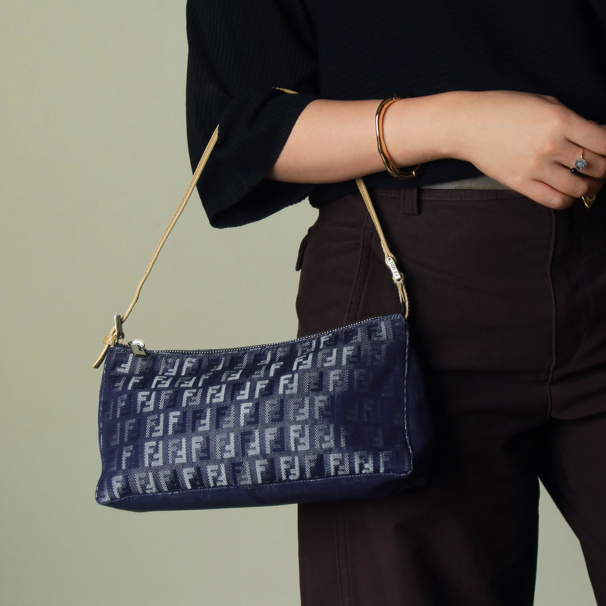 Fendi Vintage Demin Blue Canvas Zucchino Jacquard Pochette Shoulder Bag