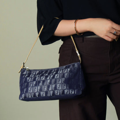 Fendi Vintage Demin Blue Canvas Zucchino Jacquard Pochette Shoulder Bag