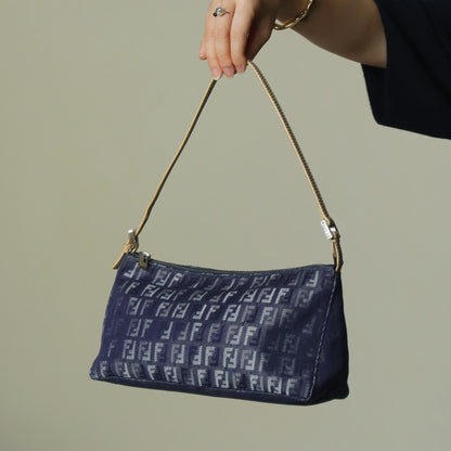 Fendi Vintage Demin Blue Canvas Zucchino Jacquard Pochette Shoulder Bag