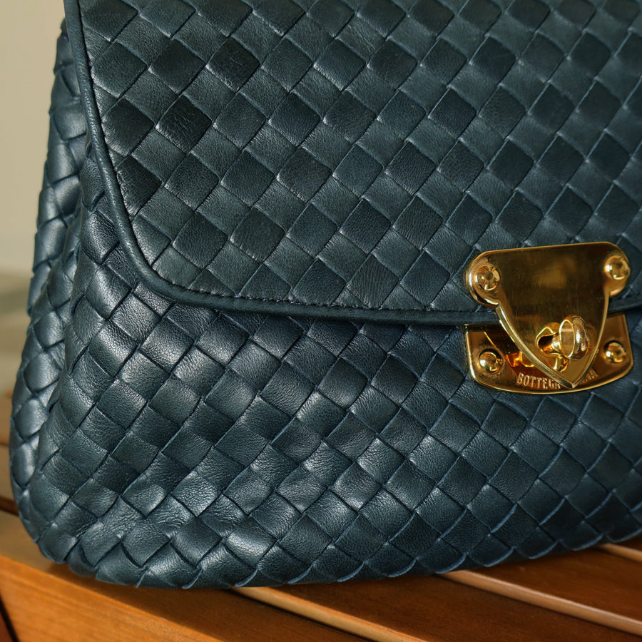 Bottega Veneta Vintage Blue Intrecciato Weave Turn Lock Top Handle Bag