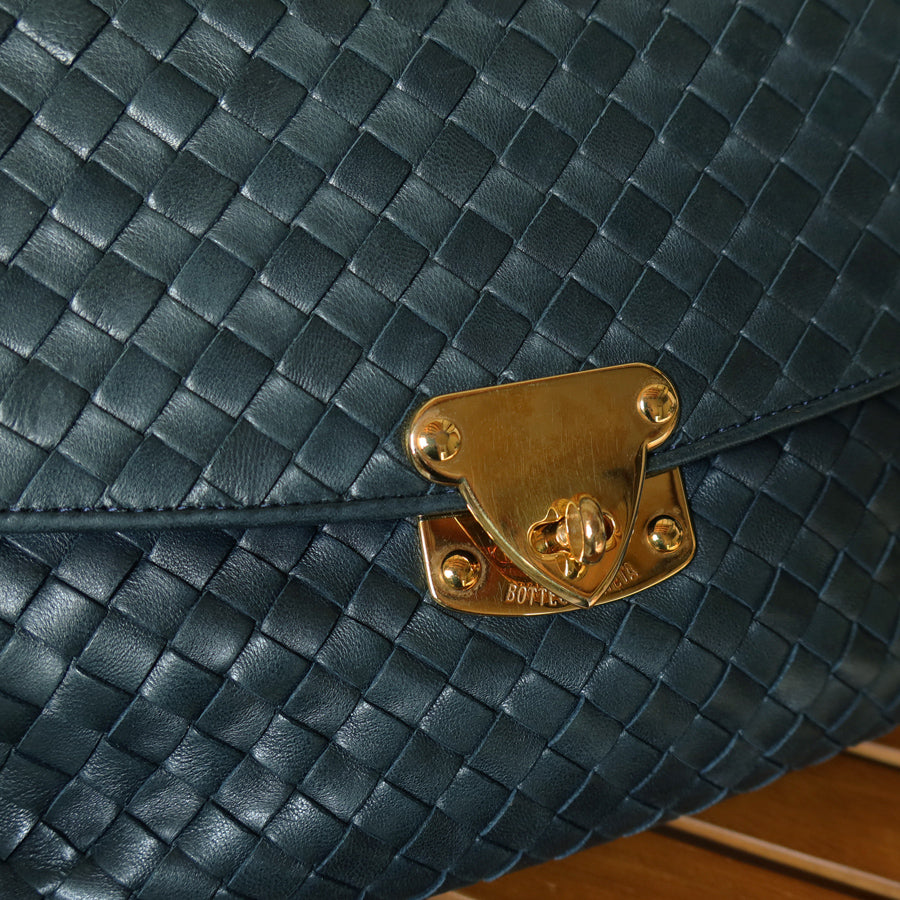 Bottega Veneta Vintage Blue Intrecciato Weave Turn Lock Top Handle Bag