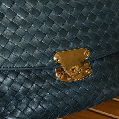 Bottega Veneta Vintage Blue Intrecciato Weave Turn Lock Top Handle Bag