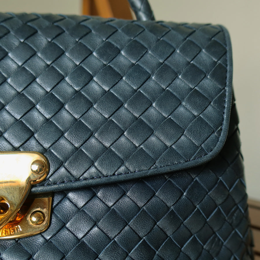 Bottega Veneta Vintage Blue Intrecciato Weave Turn Lock Top Handle Bag