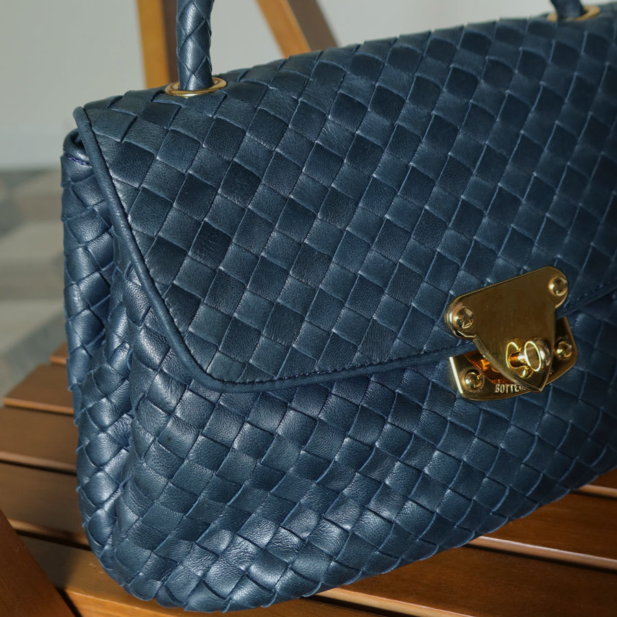 Bottega Veneta Vintage Blue Intrecciato Weave Turn Lock Top Handle Bag