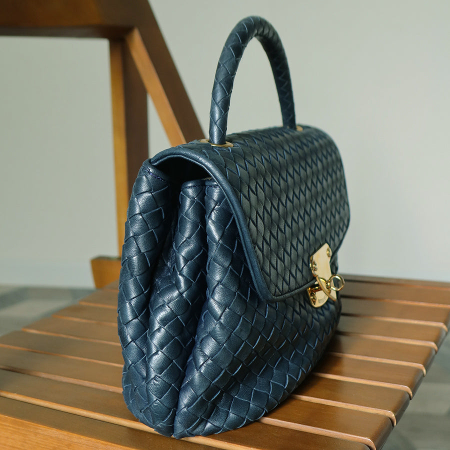 Bottega Veneta Vintage Blue Intrecciato Weave Turn Lock Top Handle Bag