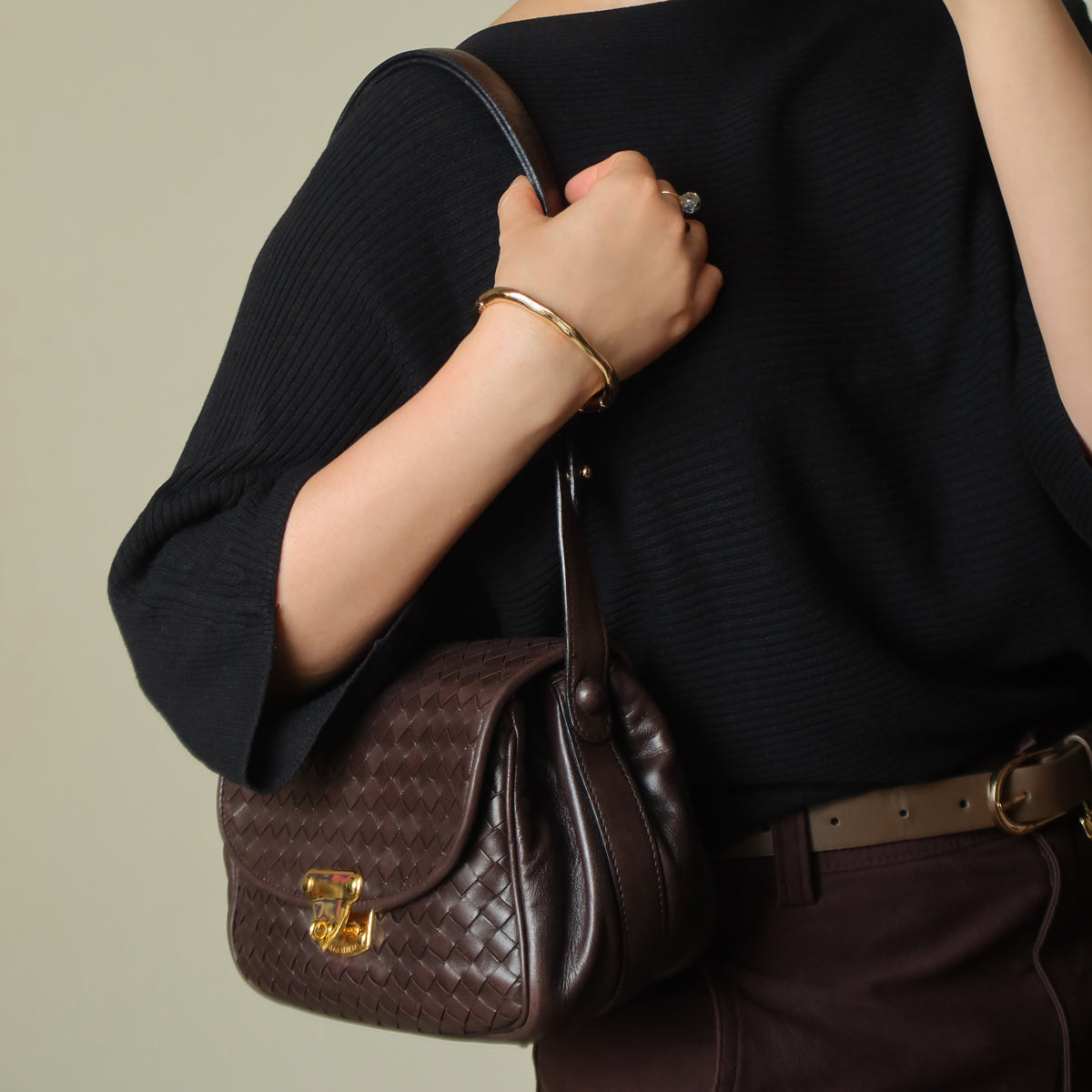 Bottega Veneta Vintage Dark Brown Intrecciato Turn lock 2way Crossbody Shoulder Bag