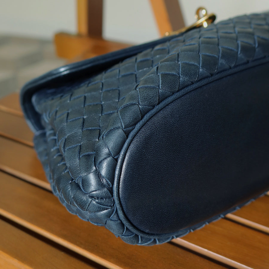 Bottega Veneta Vintage Blue Intrecciato Weave Turn Lock Top Handle Bag
