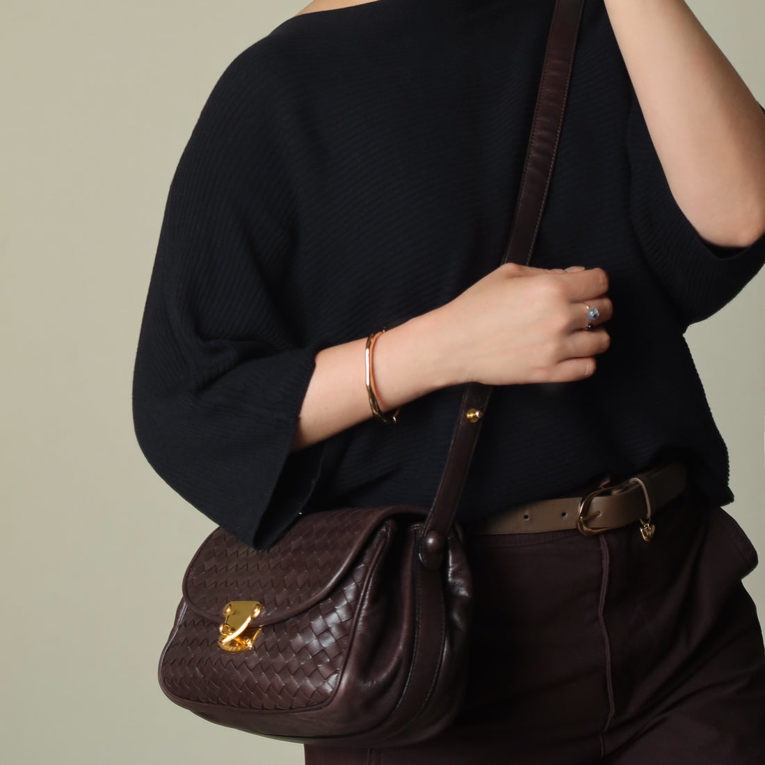 Bottega Veneta Vintage Dark Brown Intrecciato Turn lock 2way Crossbody Shoulder Bag