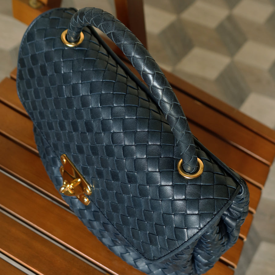 Bottega Veneta Vintage Blue Intrecciato Weave Turn Lock Top Handle Bag
