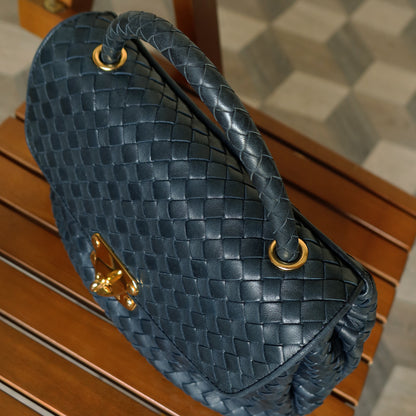 Bottega Veneta Vintage Blue Intrecciato Weave Turn Lock Top Handle Bag