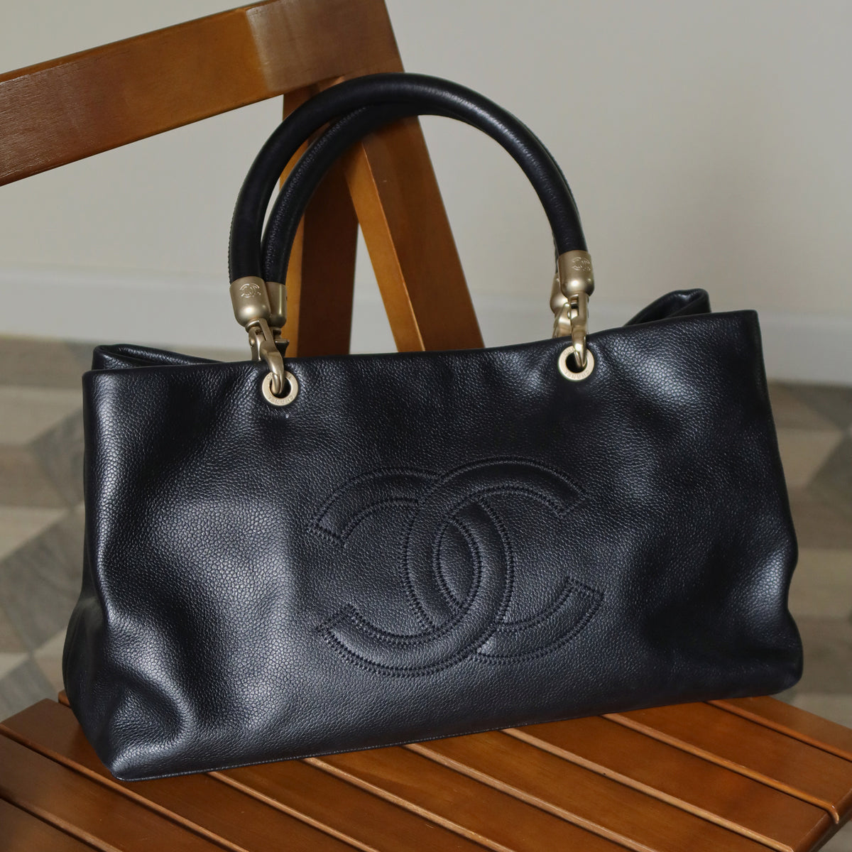 Rare Chanel Vintage Black Caviar Stitched Coco mark East West Shoulder Bag