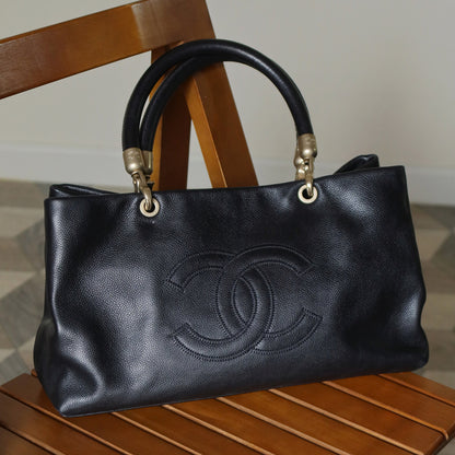 Rare Chanel Vintage Black Caviar Stitched Coco mark East West Shoulder Bag