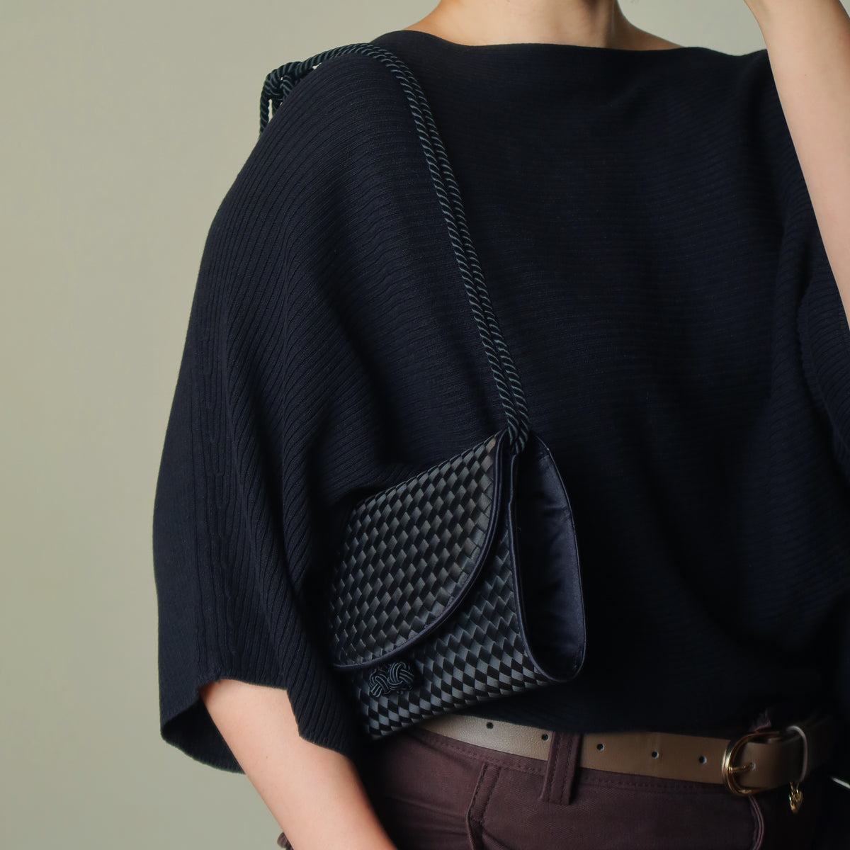Bottega Veneta Vintage Black Satin Intrecciato Kno Rope Strap 2 way Shoulder Bag