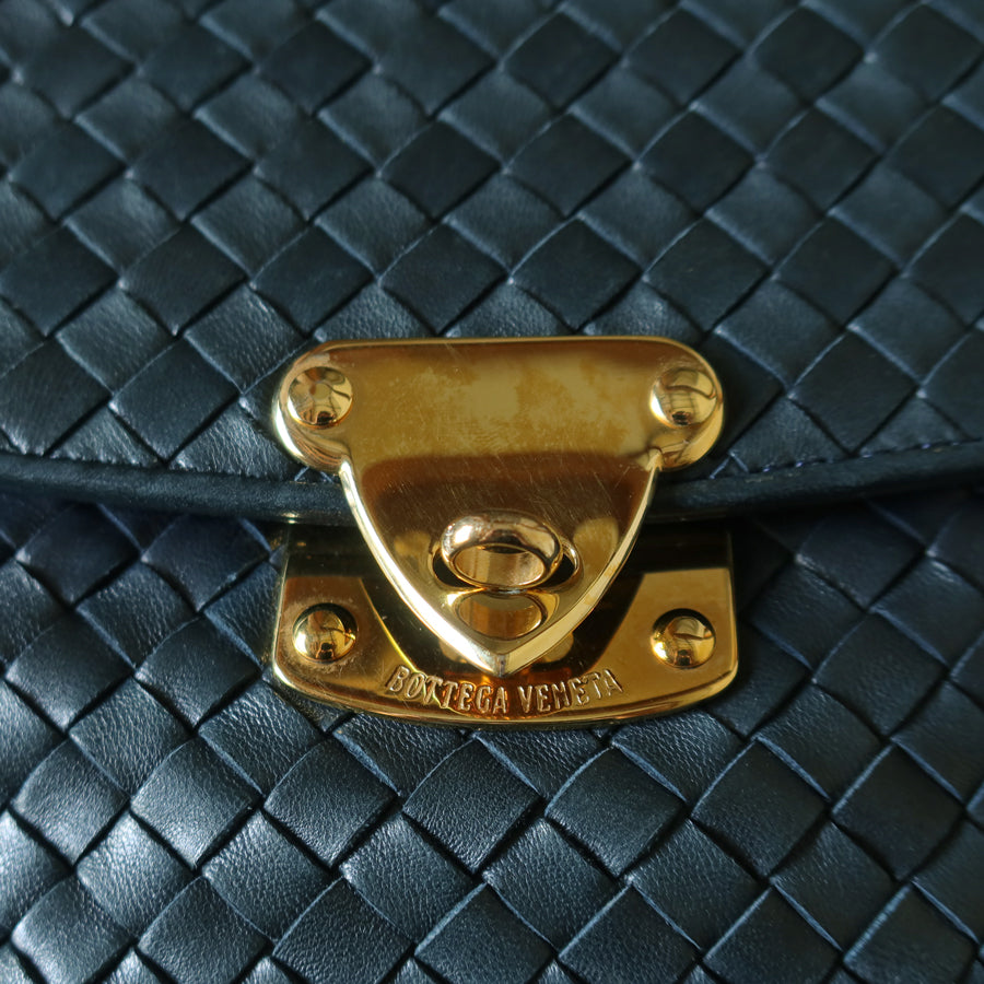 Bottega Veneta Vintage Blue Intrecciato Weave Turn Lock Top Handle Bag
