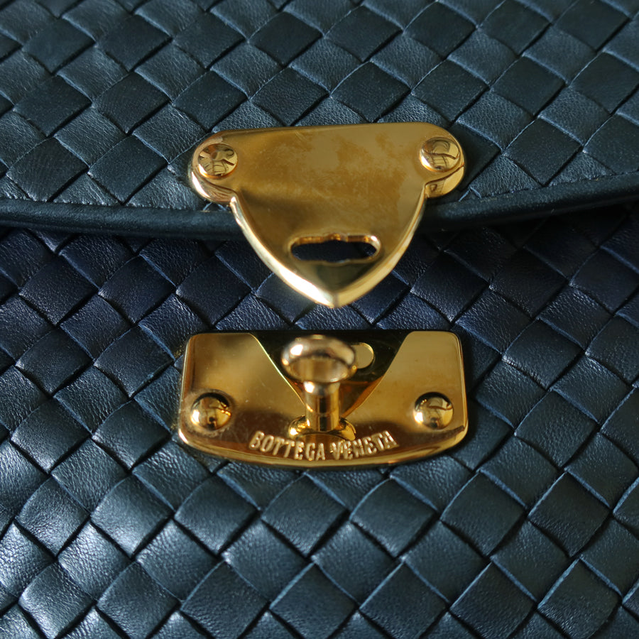 Bottega Veneta Vintage Blue Intrecciato Weave Turn Lock Top Handle Bag