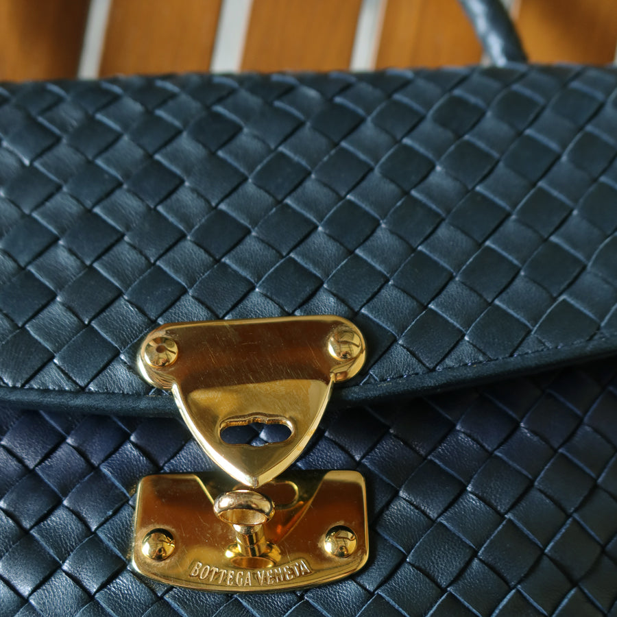 Bottega Veneta Vintage Blue Intrecciato Weave Turn Lock Top Handle Bag