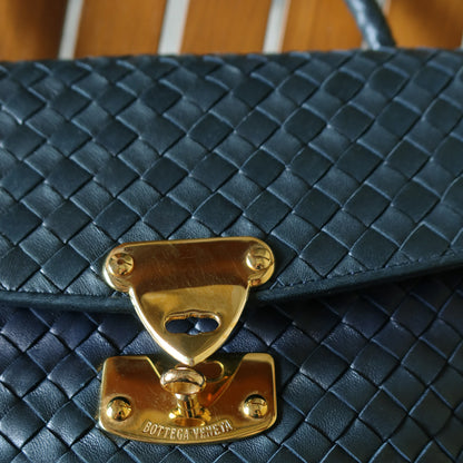 Bottega Veneta Vintage Blue Intrecciato Weave Turn Lock Top Handle Bag