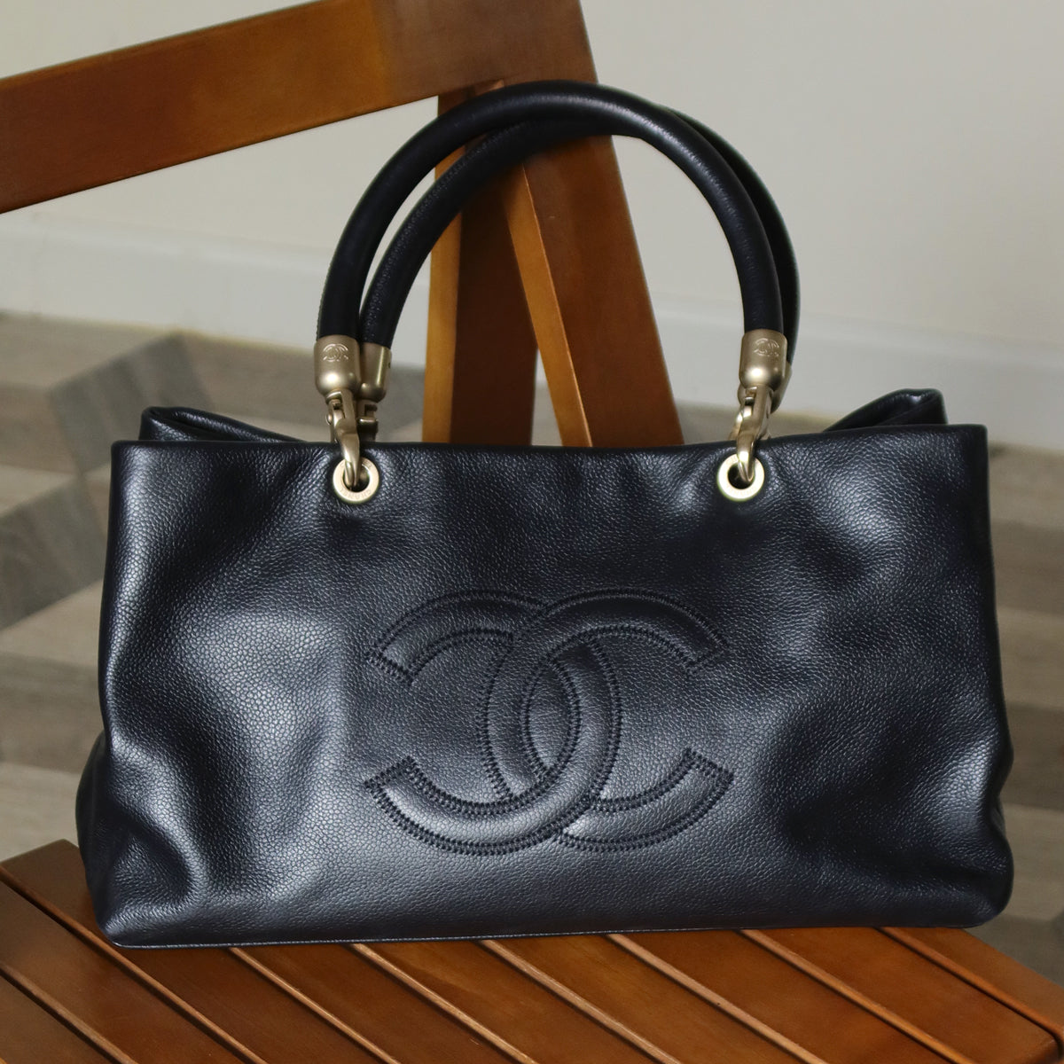 Rare Chanel Vintage Black Caviar Stitched Coco mark East West Shoulder Bag