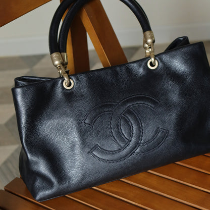 Rare Chanel Vintage Black Caviar Stitched Coco mark East West Shoulder Bag