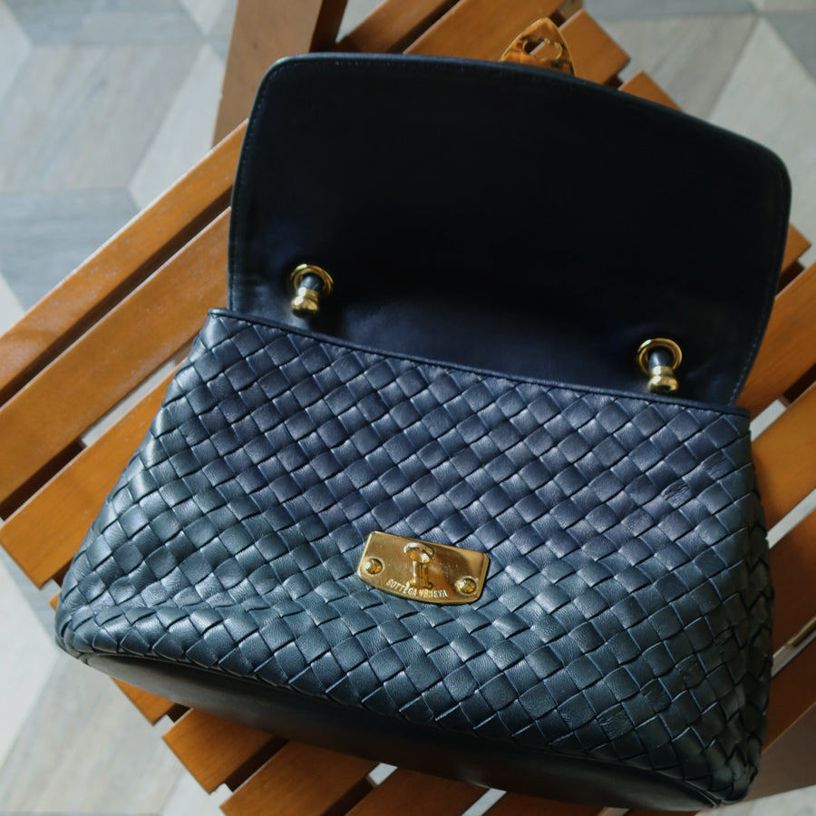 Bottega Veneta Vintage Blue Intrecciato Weave Turn Lock Top Handle Bag