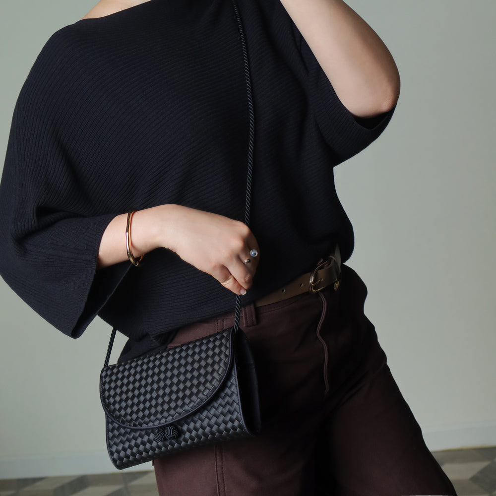 Bottega Veneta Vintage Black Satin Intrecciato Kno Rope Strap 2 way Shoulder Bag