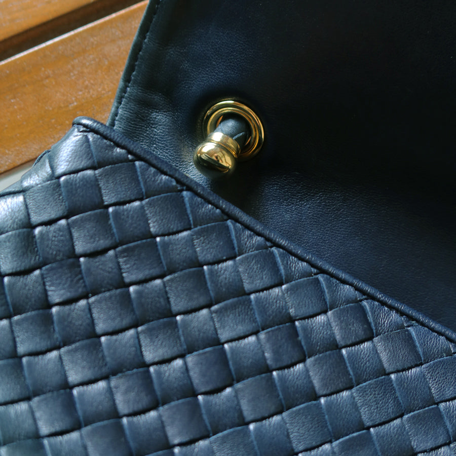 Bottega Veneta Vintage Blue Intrecciato Weave Turn Lock Top Handle Bag