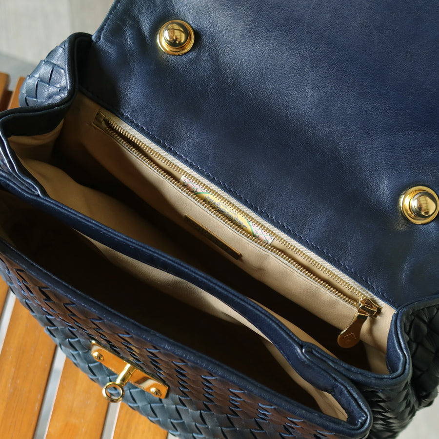 Bottega Veneta Vintage Blue Intrecciato Weave Turn Lock Top Handle Bag