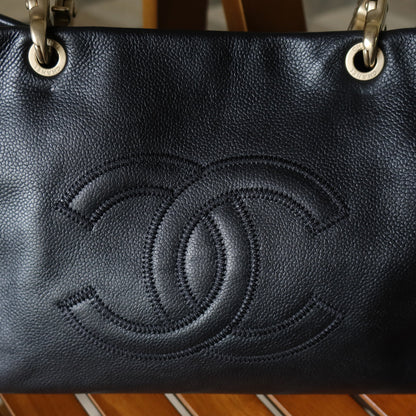 Rare Chanel Vintage Black Caviar Stitched Coco mark East West Shoulder Bag