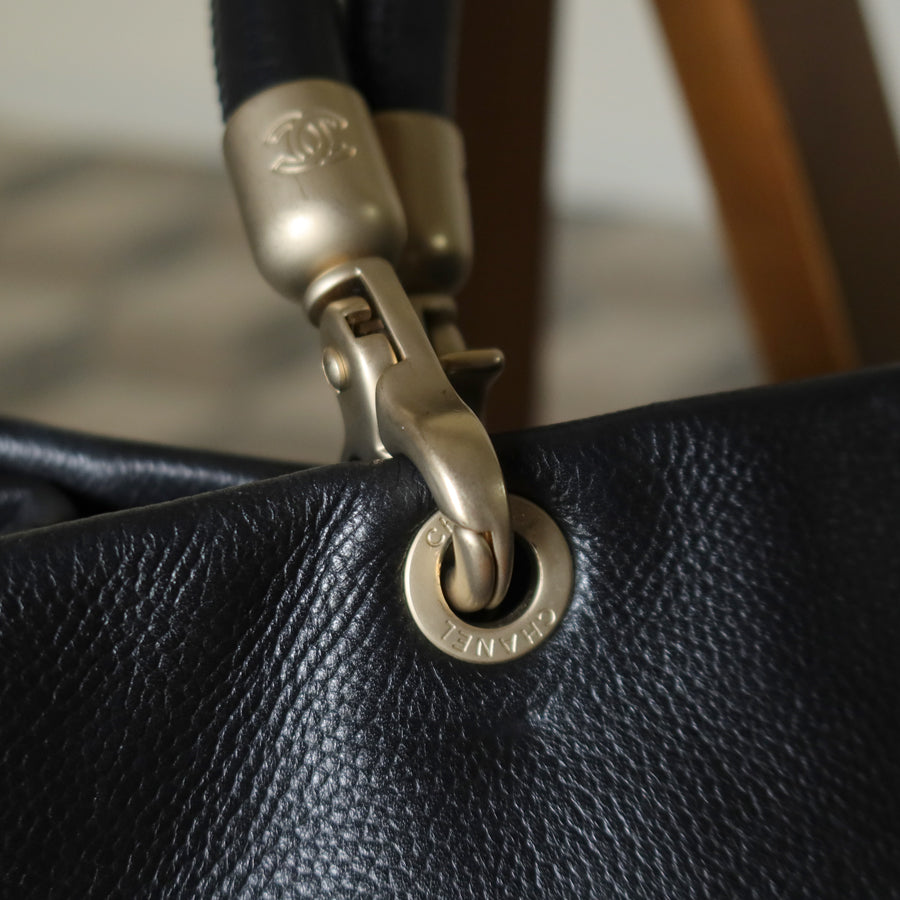 Rare Chanel Vintage Black Caviar Stitched Coco mark East West Shoulder Bag