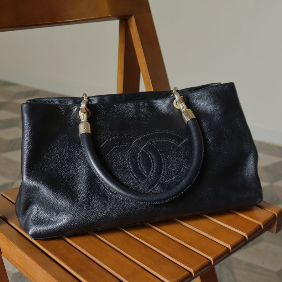 Rare Chanel Vintage Black Caviar Stitched Coco mark East West Shoulder Bag