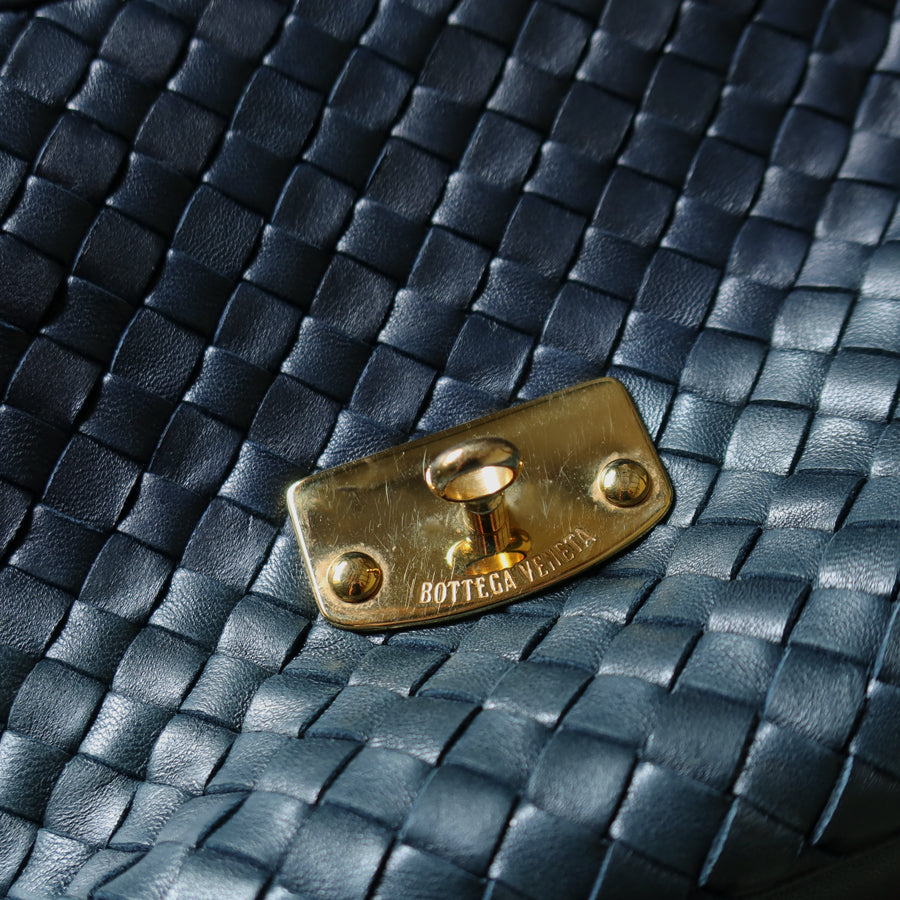 Bottega Veneta Vintage Blue Intrecciato Weave Turn Lock Top Handle Bag
