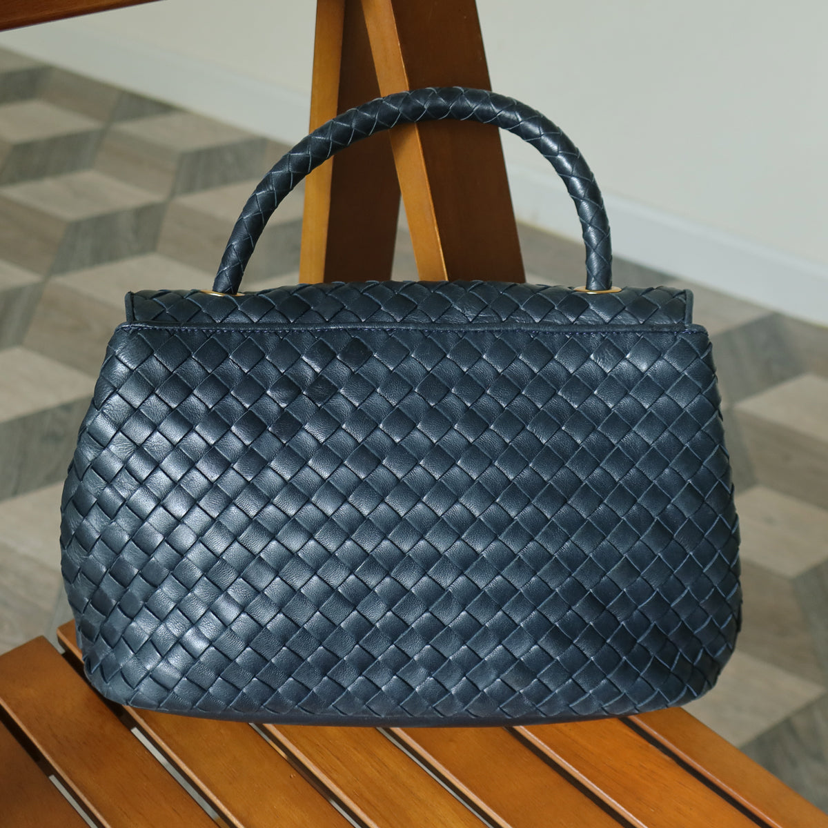 Bottega Veneta Vintage Blue Intrecciato Weave Turn Lock Top Handle Bag