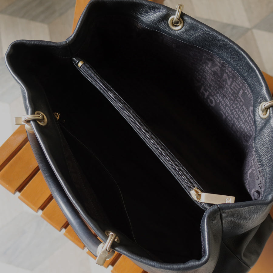 Rare Chanel Vintage Black Caviar Stitched Coco mark East West Shoulder Bag