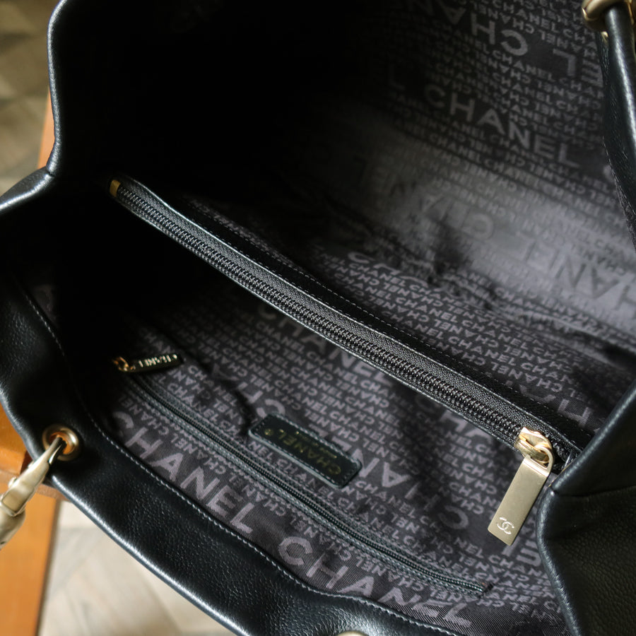 Rare Chanel Vintage Black Caviar Stitched Coco mark East West Shoulder Bag