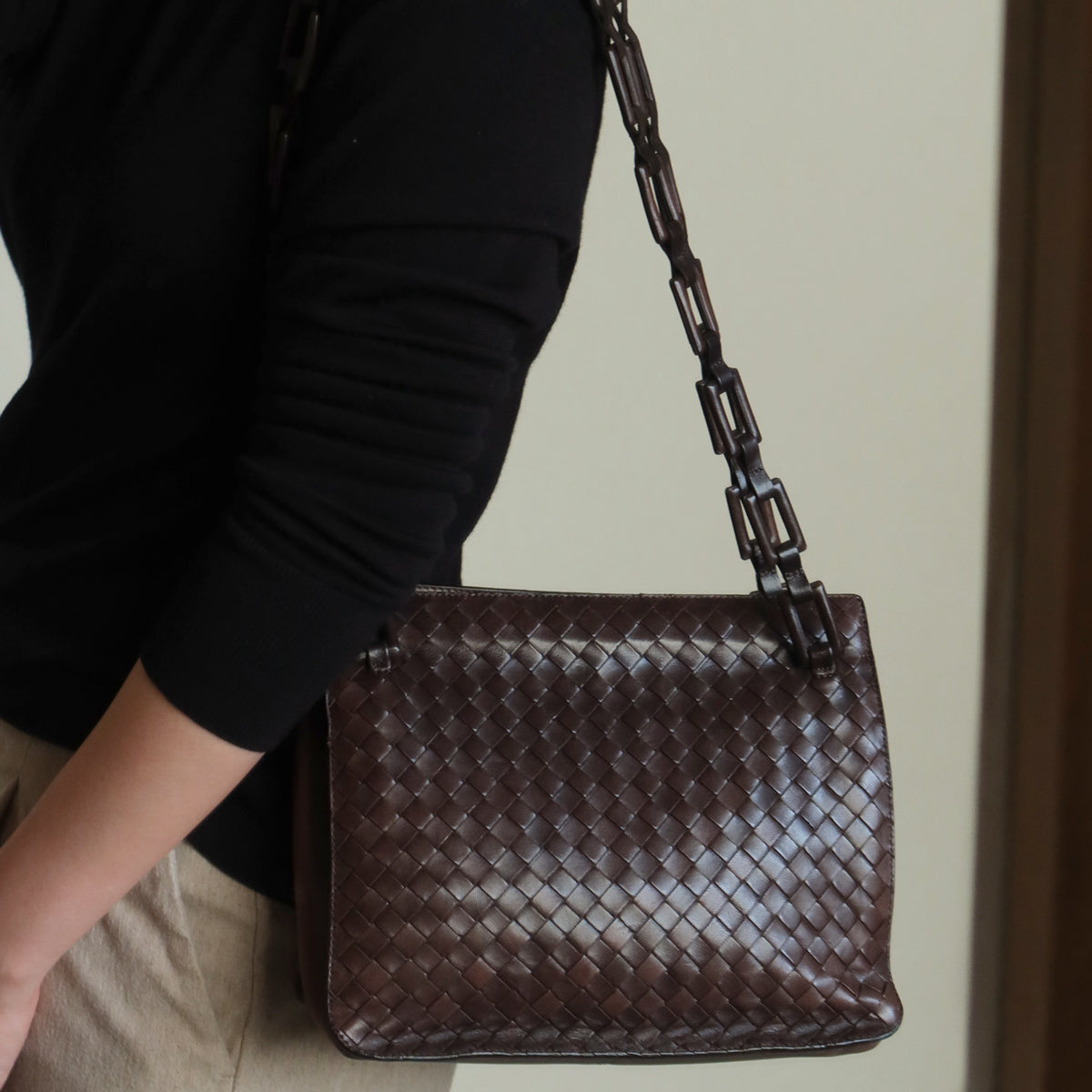 Bottega Veneta Vintage Dark Brown Intrecciato Weave Shoulder Bag