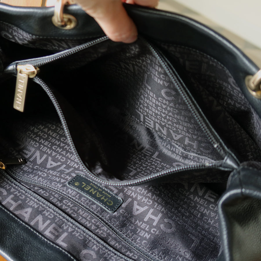 Rare Chanel Vintage Black Caviar Stitched Coco mark East West Shoulder Bag