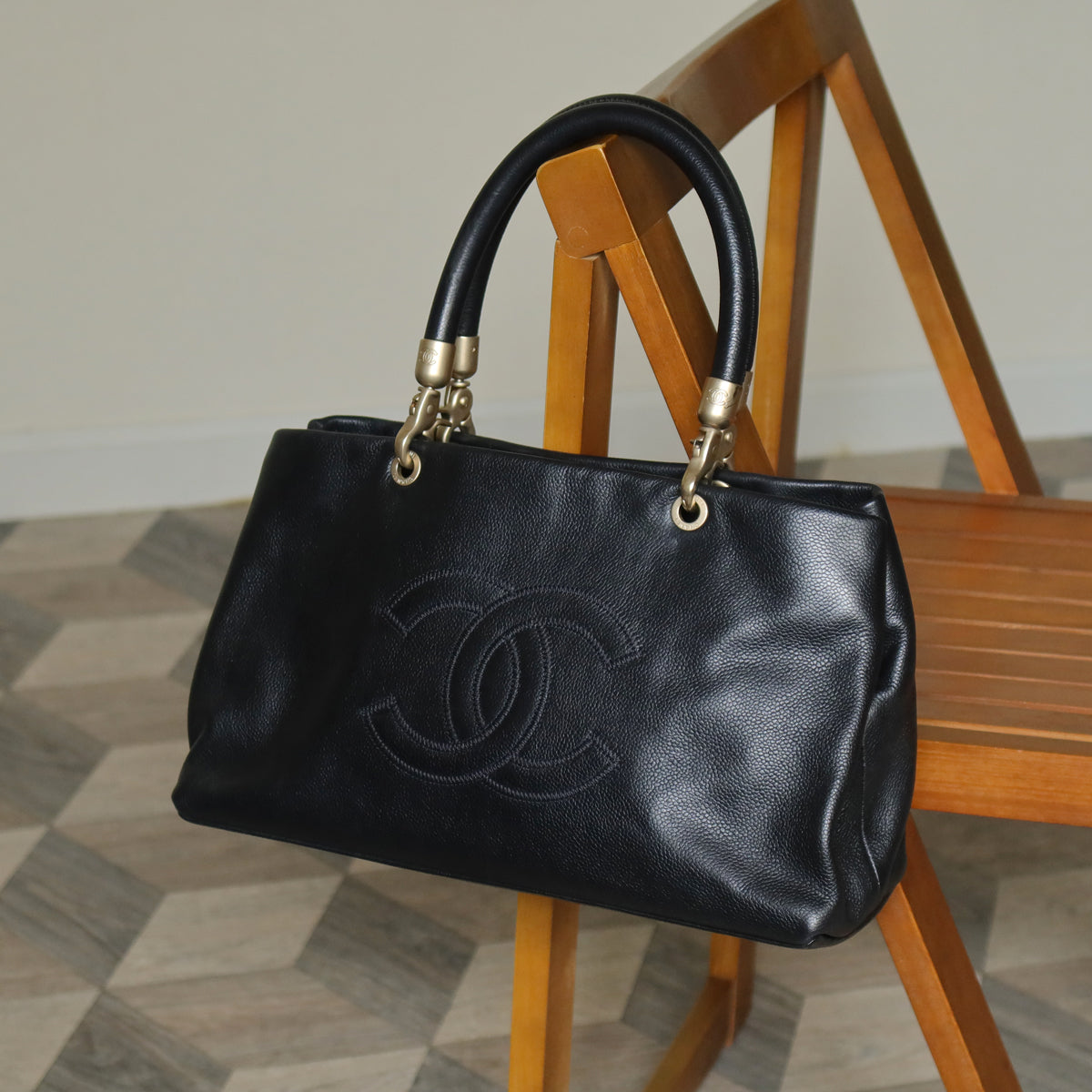 Rare Chanel Vintage Black Caviar Stitched Coco mark East West Shoulder Bag