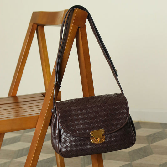 Bottega Veneta Vintage Dark Brown Intrecciato Turn lock 2way Crossbody Shoulder Bag